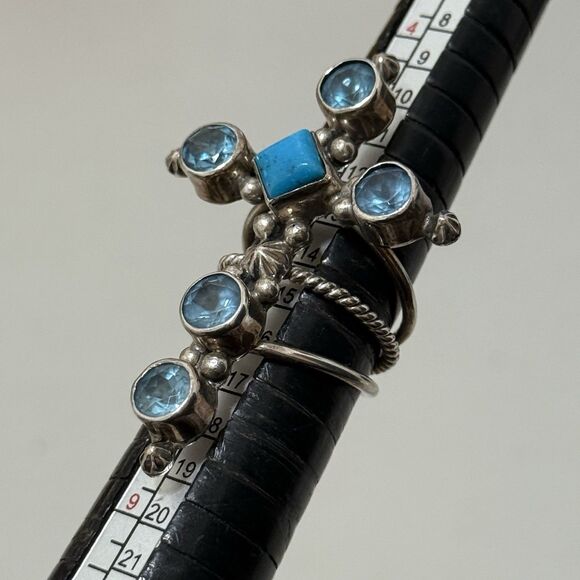 Vintage Running Bear Statement Sterling Cross Ring With Turquoise & Topaz Stones - Picture 2 of 4